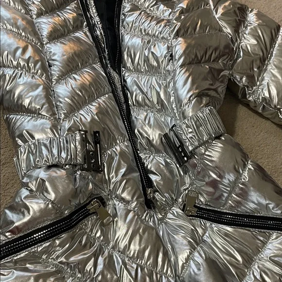 Long Silver Puffer Coat with Hood - Picture 6 of 8